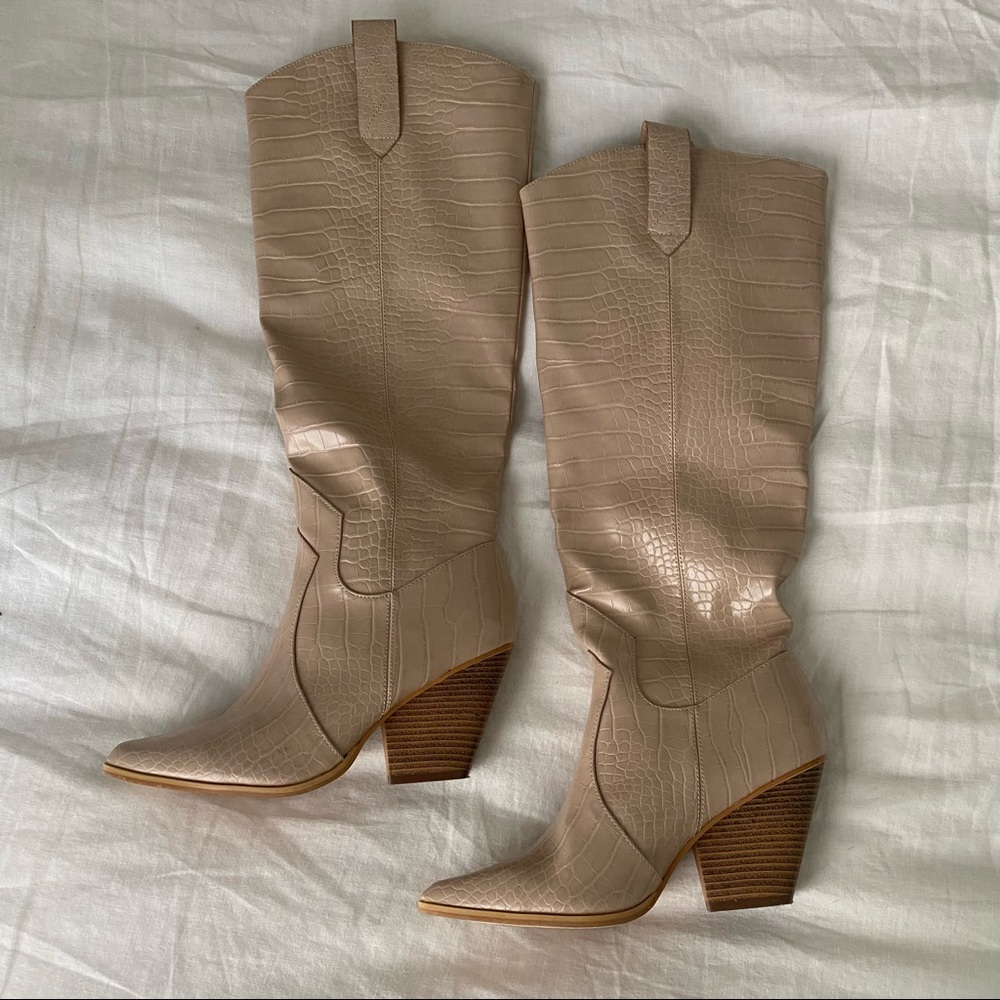 Faux Croc Western Knee High Boots